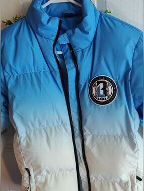 Baseball Lifestyle 101. Blue to White Ombre Puffer Jacket with Logo Patch.EUC.